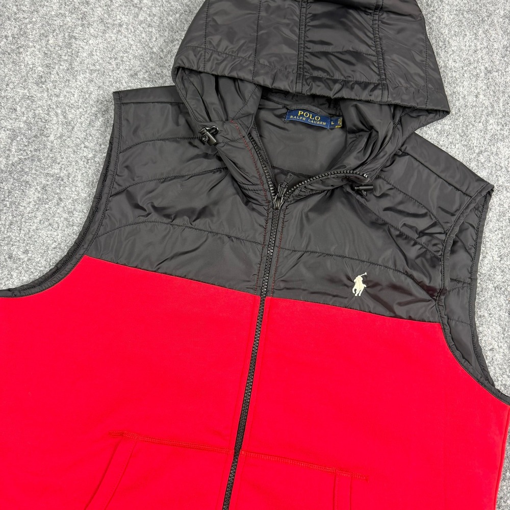 Polo Ralph Lauren Hooded Vest Men L Red Black Hybrid Quilted Fleece Zip Up